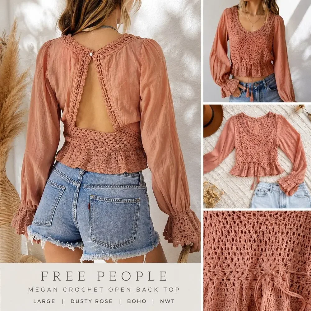 Free People Open Back Crochet Boho Top Dusty Rose Large NWT